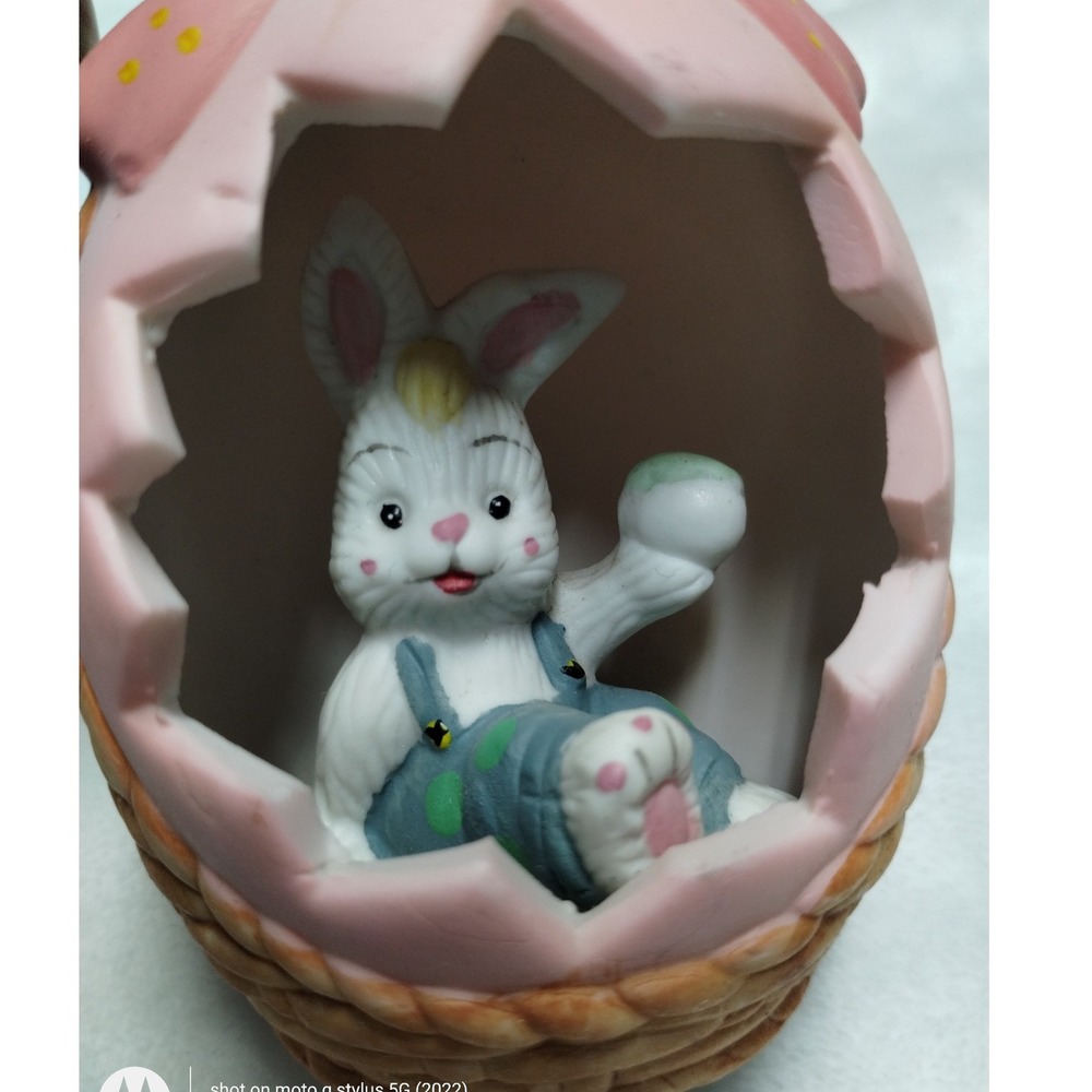 Vintage Porcelain Easter Bunny in Cracked Pink Egg Basket‎ Figurine 3.5 Inch